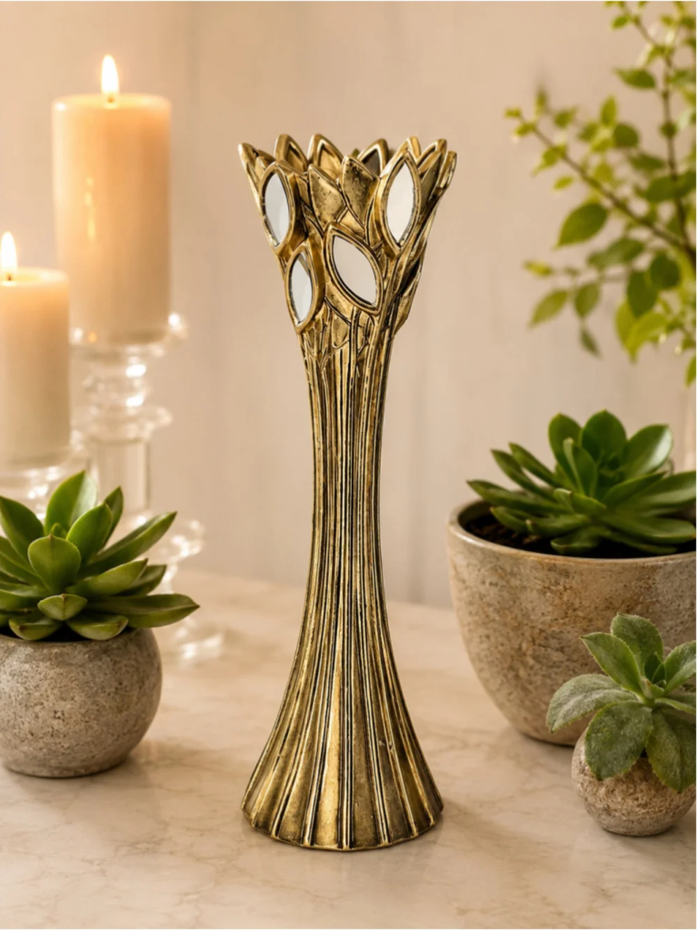 Gaia Gold Candle Holder Set with Mirrored Glass Leaf – 14”